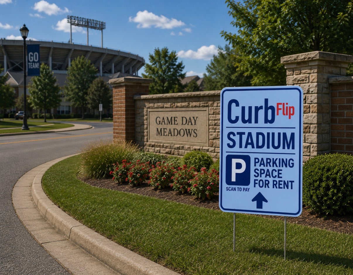 CurbFlip® “Scan To Pay” STADIUM Parking Sign With Stand